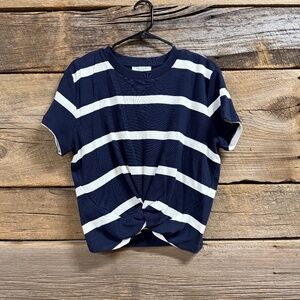 Ann Taylor Weekend Striped Tee with twist, Lg P, Navy and white